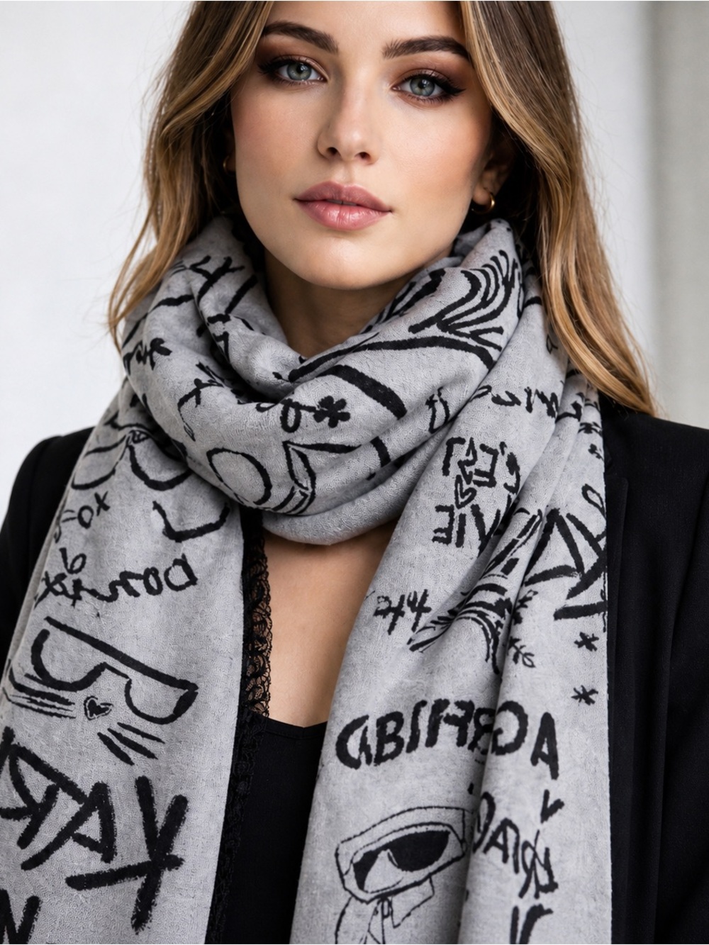 Karl Lagerfeld Logo Graffiti Scarf Gray Black NWT Designer Wrap